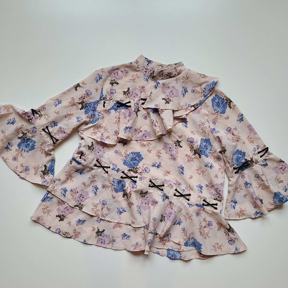 Asos floral print bell sleeve ruffle pink blouse